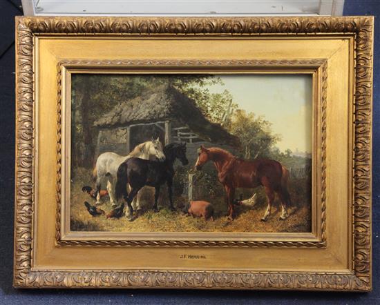 Attributed to John Frederick Herring (1815-1907) Farmyard scene with horses, chickens and pig 12 x 18in.